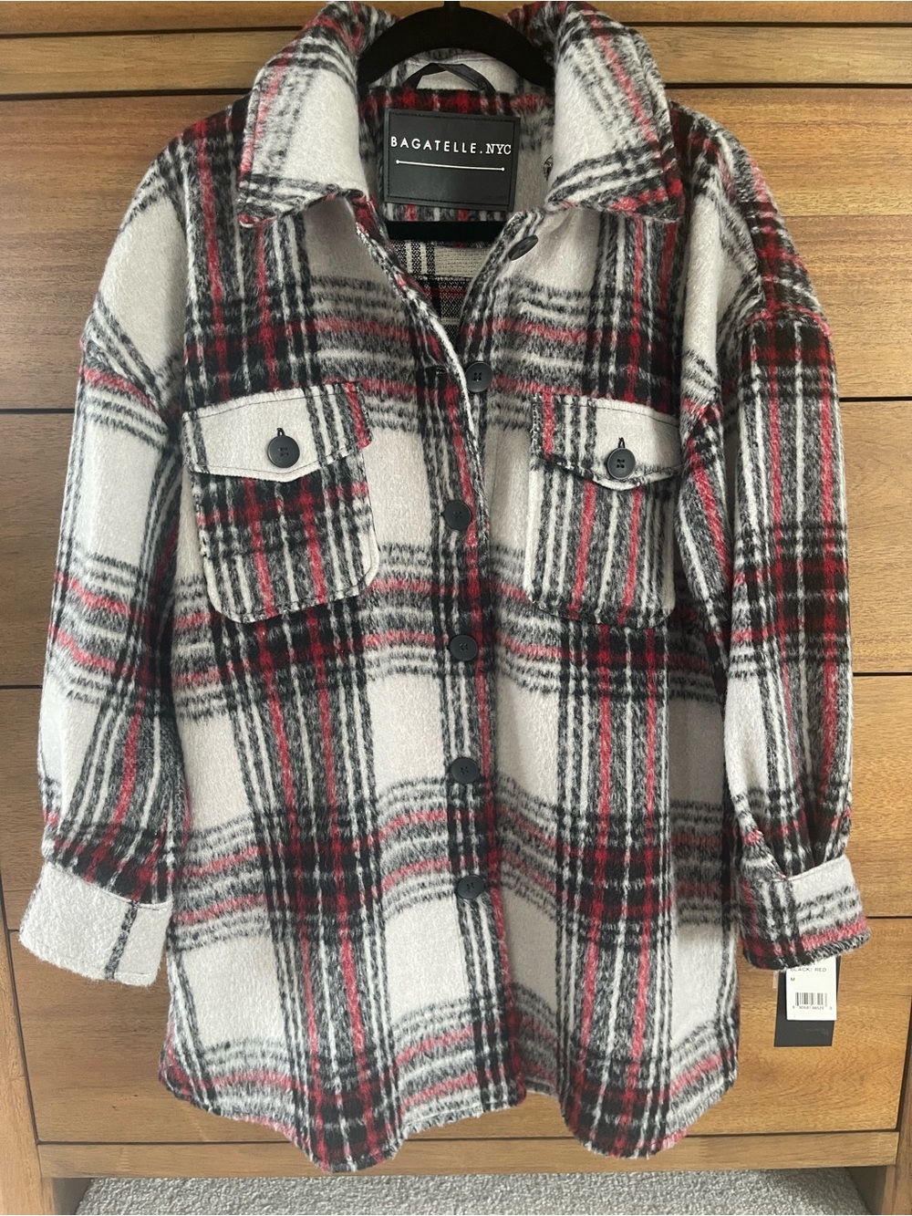 Bagatelle NYC Plaid Utility Jacket in Cream, Black & Red NWT